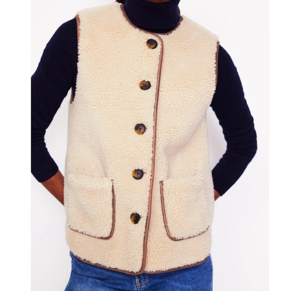 Boden Cream Faux Fur Clerkenwell Borg Button Gilet Vest Size 2 - Picture 8 of 9